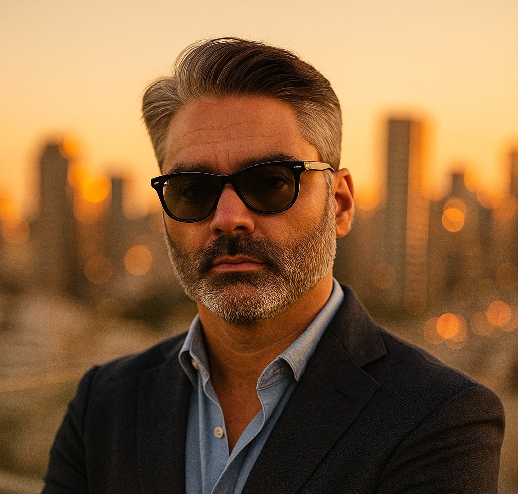 Photo of Kevin Splittgerber on a rooftop wearing sunglasses and a sportcoat.